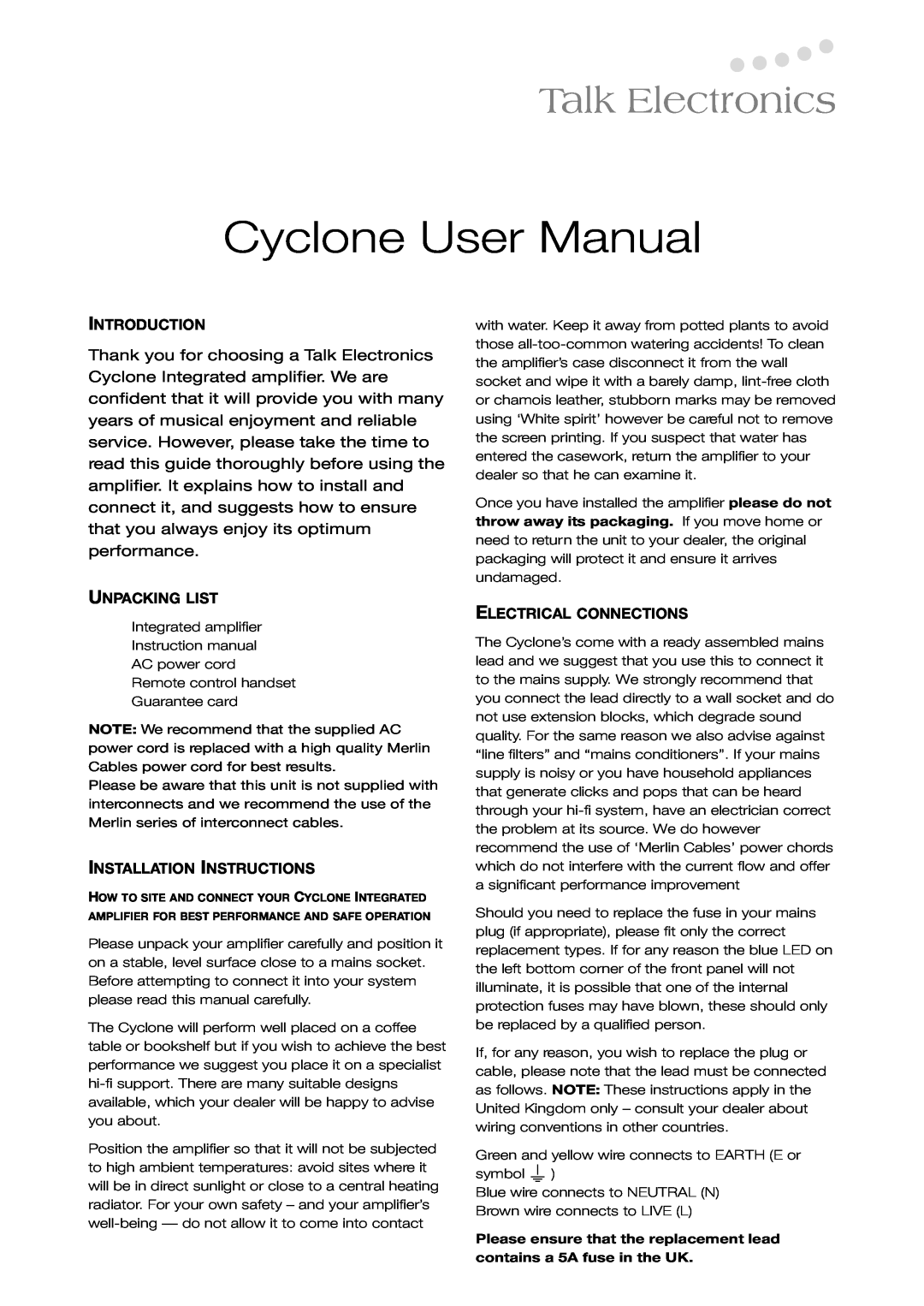 Talk electronic Cyclone Introduction, Unpacking List, Installation Instructions, Electrical Connections, Talk Electronics 