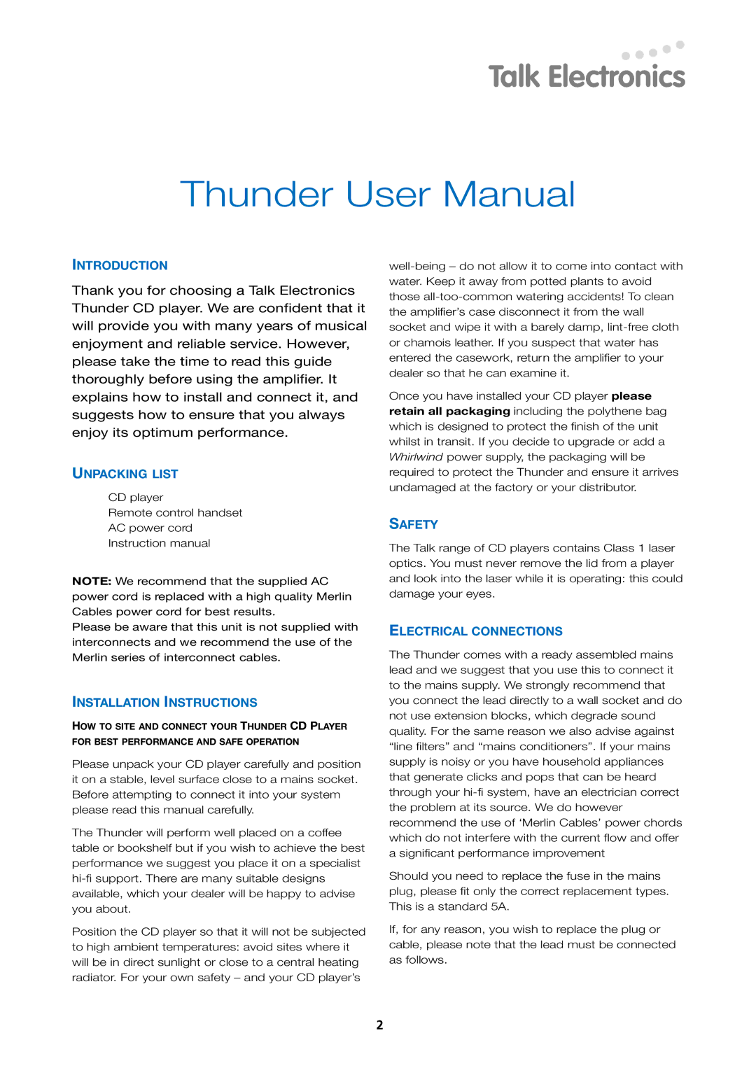 Talk electronic Thunder 2.2 Introduction, Unpacking List, Installation Instructions, Safety, Electrical Connections 