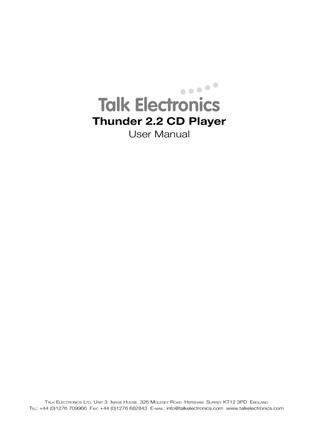 Talk electronic user manual Talk Electronics, Thunder 2.2 CD Player 