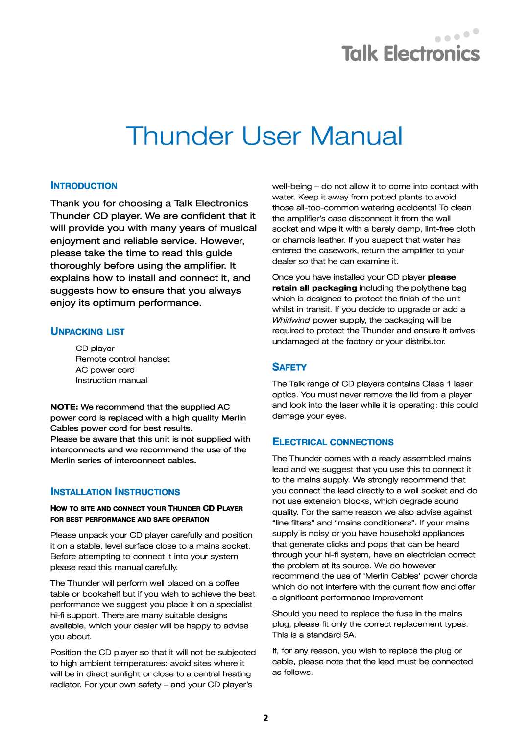 Talk electronic Thunder 2.2 Introduction, Unpacking List, Installation Instructions, Safety, Electrical Connections 