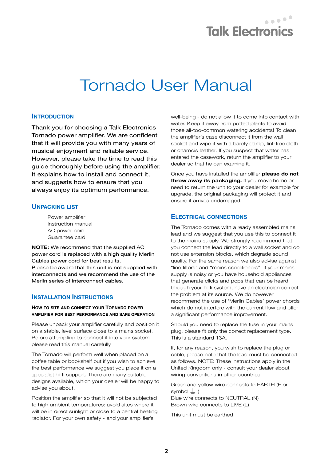 Talk electronic Tornado 3.1B Power Amplifier user manual Introduction, Unpacking List, Installation Instructions 