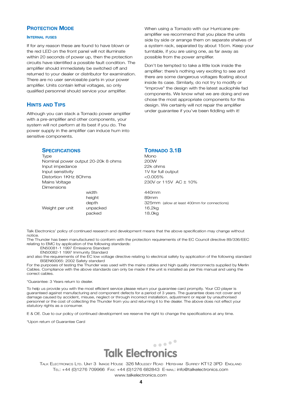 Talk electronic Tornado 3.1B Power Amplifier user manual Protection Mode, Hints and Tips, Specifications Tornado 3.1B 