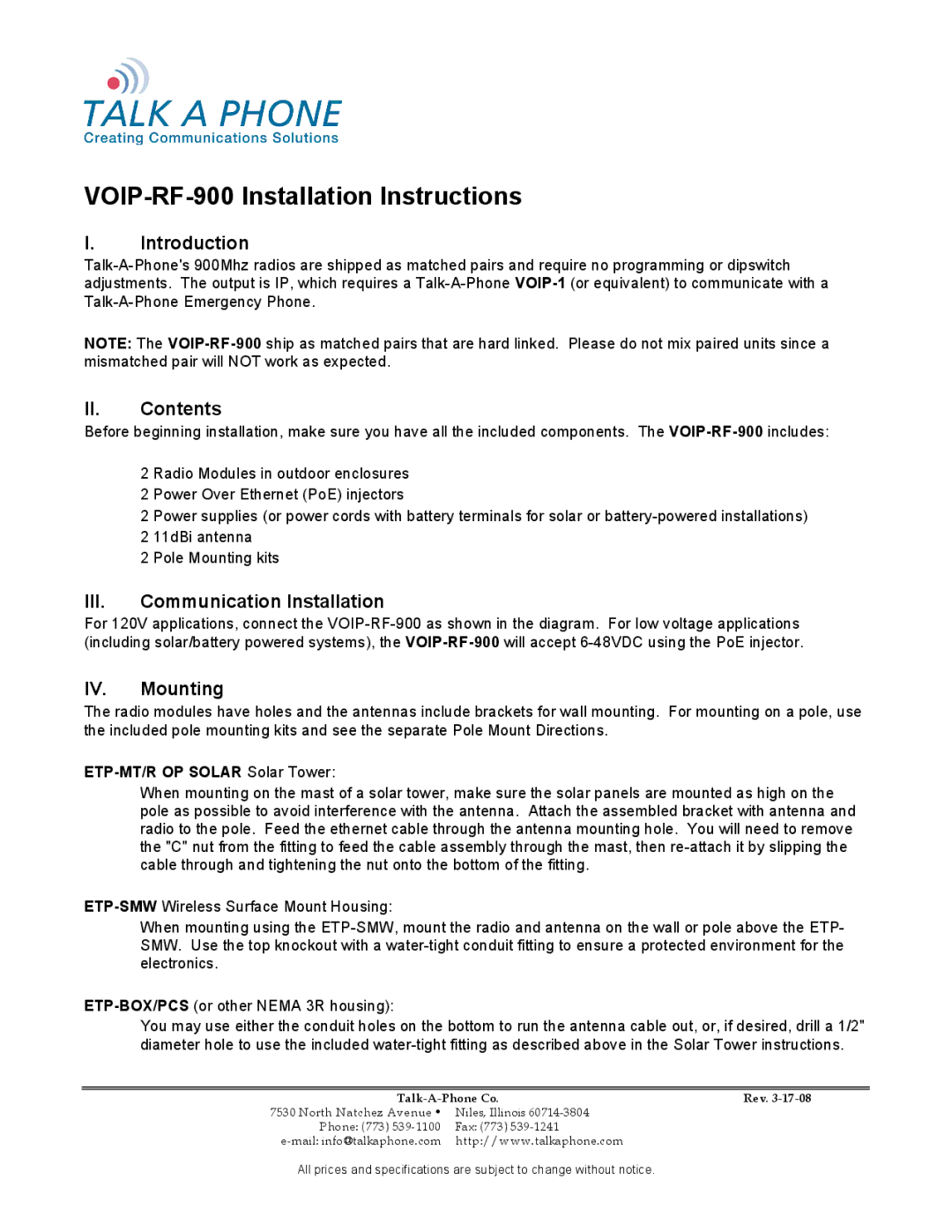 Talk electronic VOIP-RF-900 installation instructions Introduction, II. Contents, III. Communication Installation 