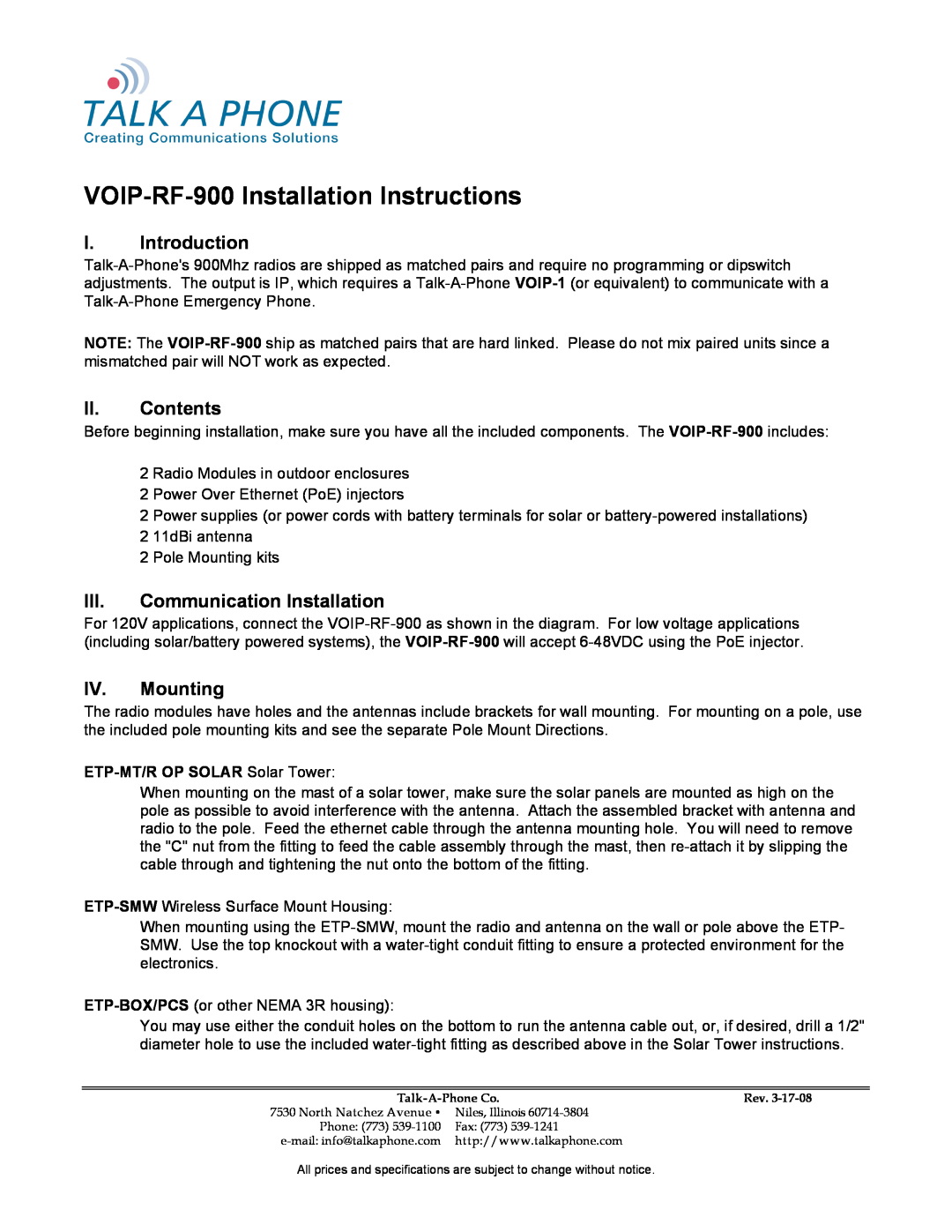 Talk electronic installation instructions VOIP-RF-900Installation Instructions, I.Introduction, II.Contents 