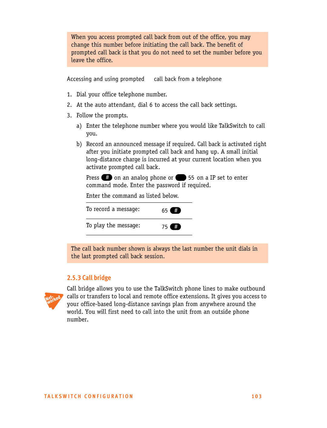 Talkswitch 48-CA/CVA, 24-CA manual Call bridge, Accessing and using prompted call back from a telephone 