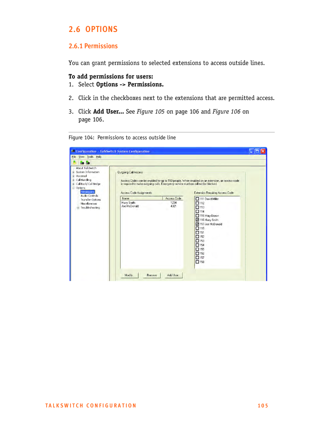 Talkswitch 48-CA/CVA, 24-CA manual To add permissions for users Select Options Permissions 