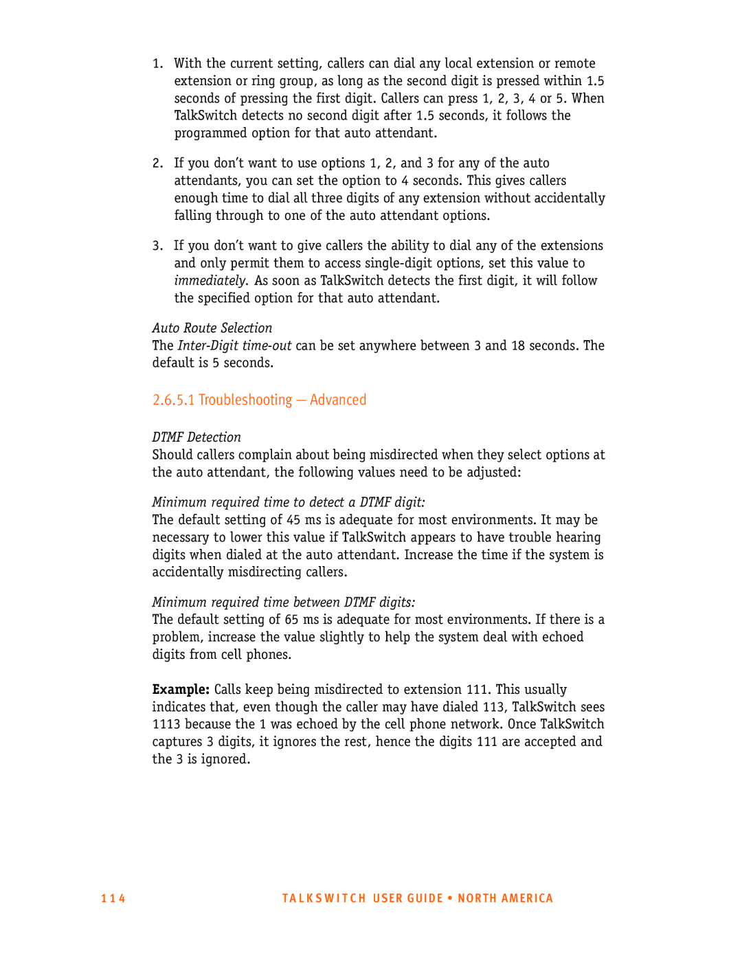 Talkswitch 24-CA Troubleshooting Advanced, Auto Route Selection, Dtmf Detection, Minimum required time between Dtmf digits 