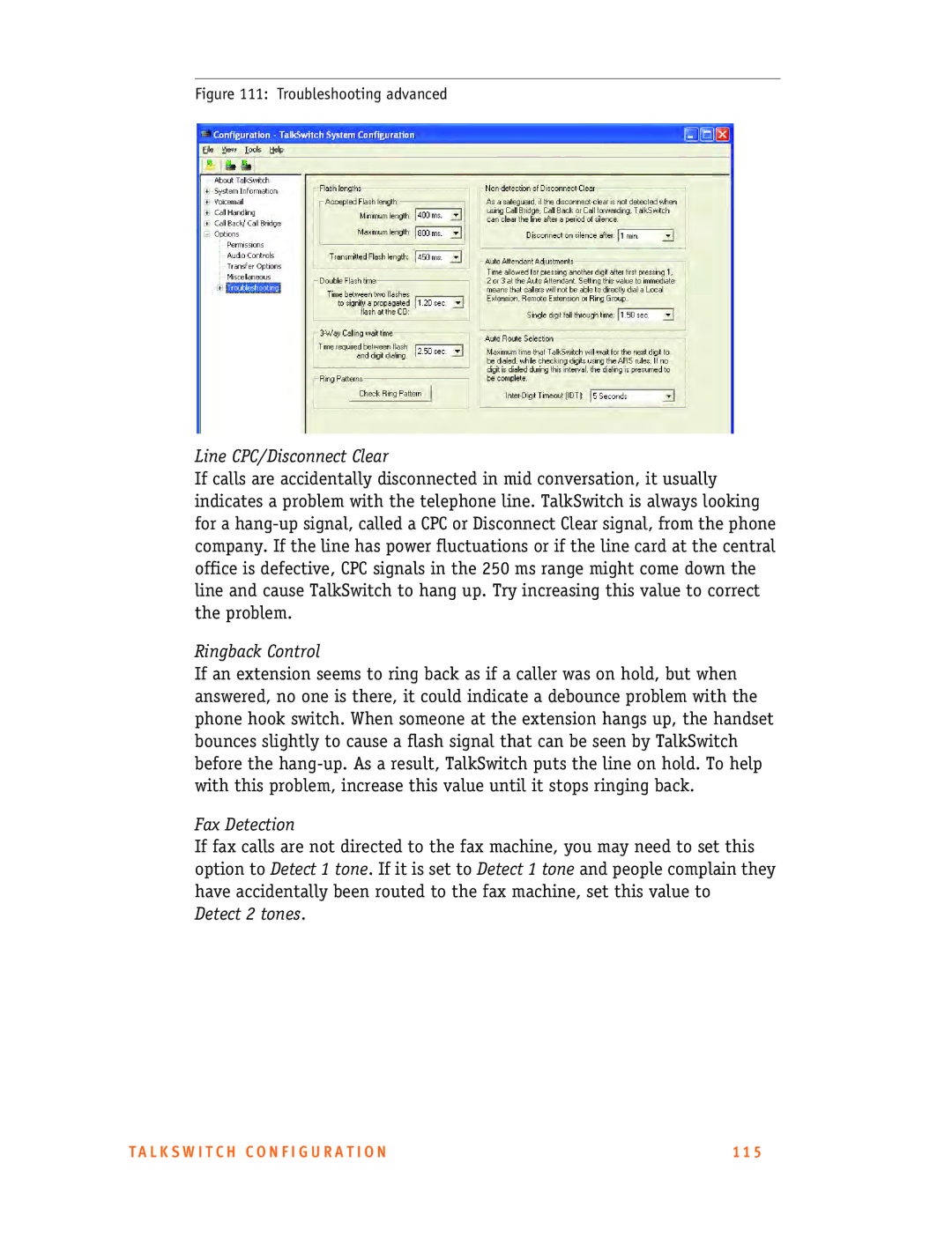 Talkswitch 48-CA/CVA, 24-CA manual Line CPC/Disconnect Clear, Ringback Control, Fax Detection 