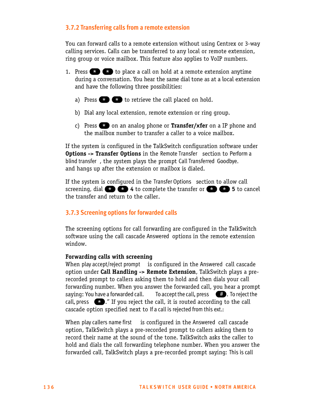 Talkswitch 24-CA, 48-CA/CVA manual Transferring calls from a remote extension, Screening options for forwarded calls 