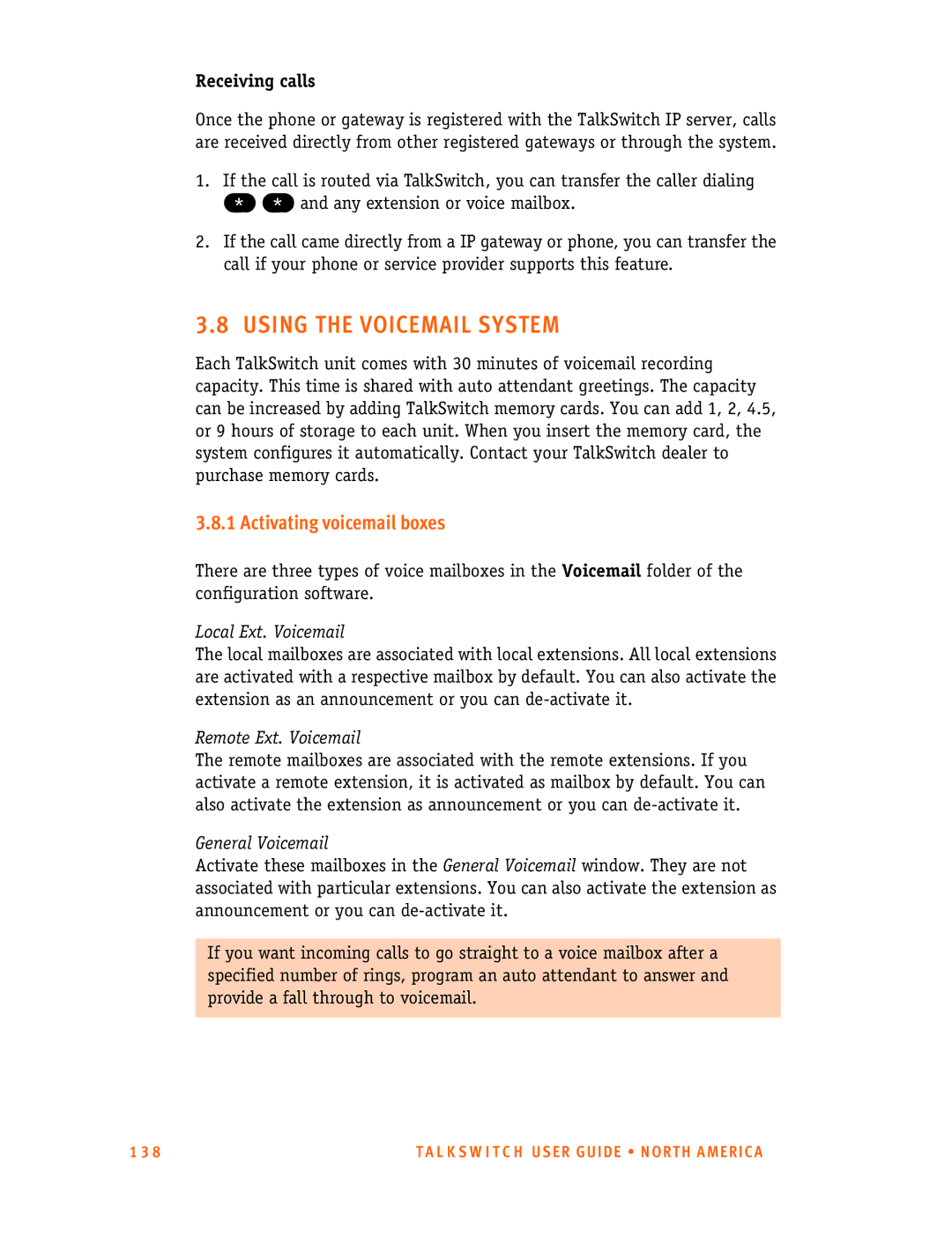 Talkswitch 24-CA, 48-CA/CVA manual Using the Voicemail System, Activating voicemail boxes, Receiving calls 