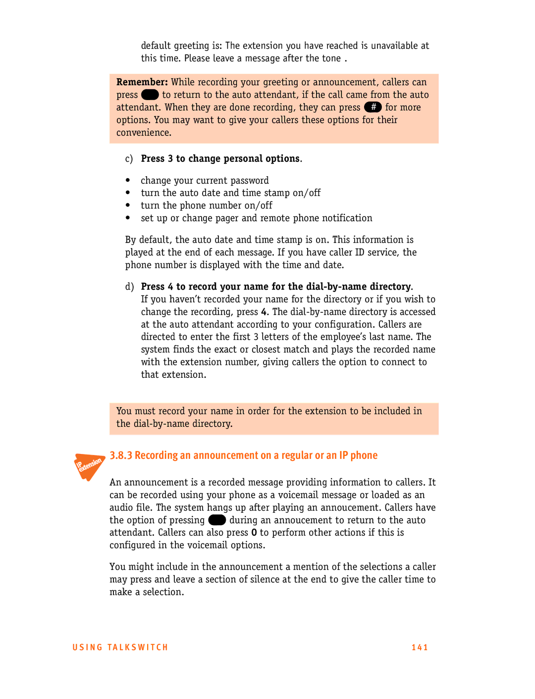 Talkswitch 48-CA/CVA, 24-CA manual Recording an announcement on a regular or an IP phone, Press 3 to change personal options 