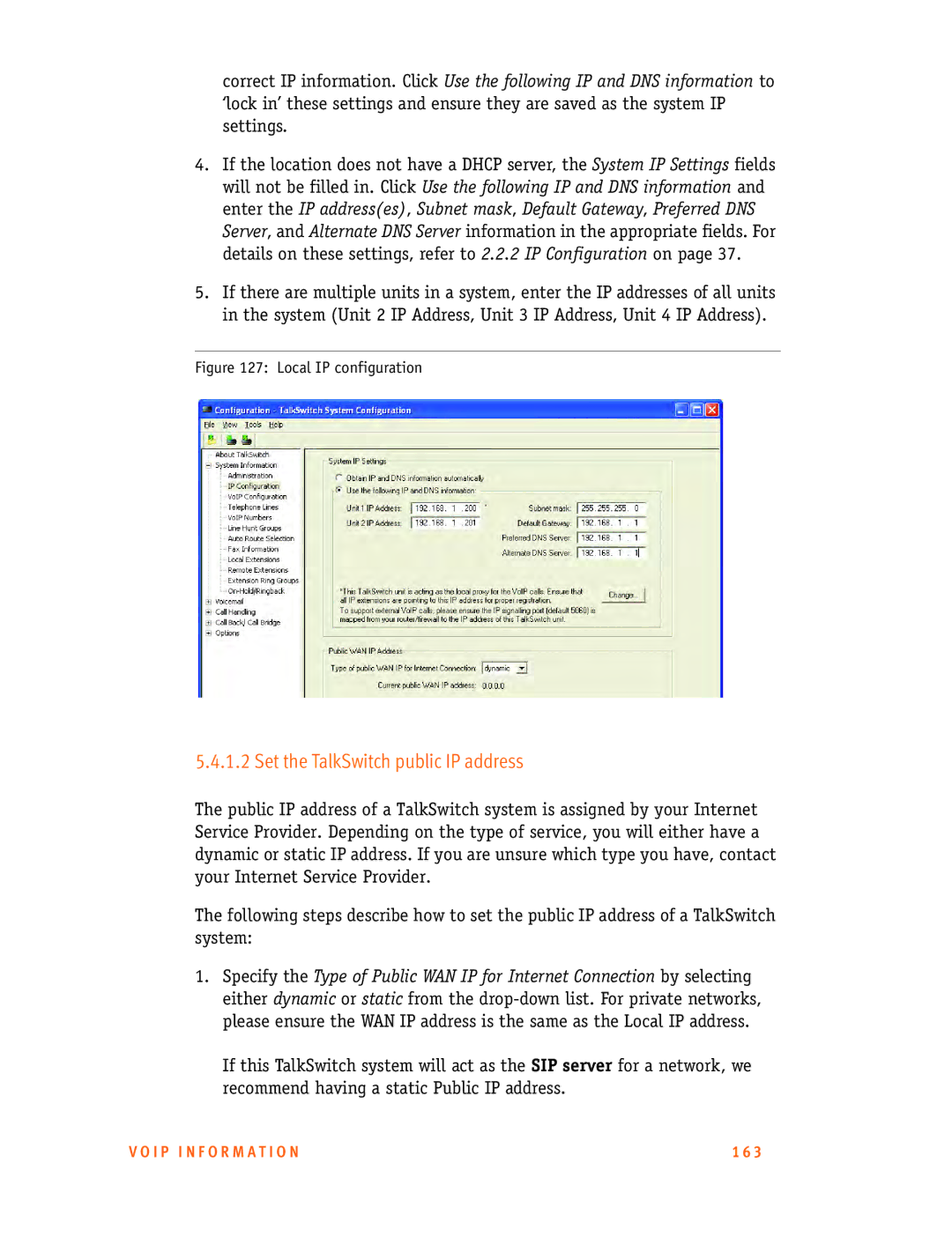 Talkswitch 48-CA/CVA, 24-CA manual Set the TalkSwitch public IP address, Local IP configuration 