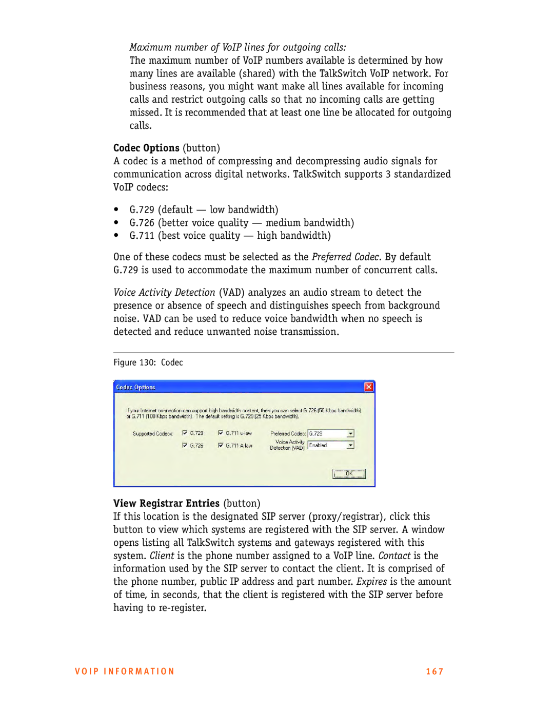 Talkswitch 48-CA/CVA Maximum number of VoIP lines for outgoing calls, Codec Options button, View Registrar Entries button 