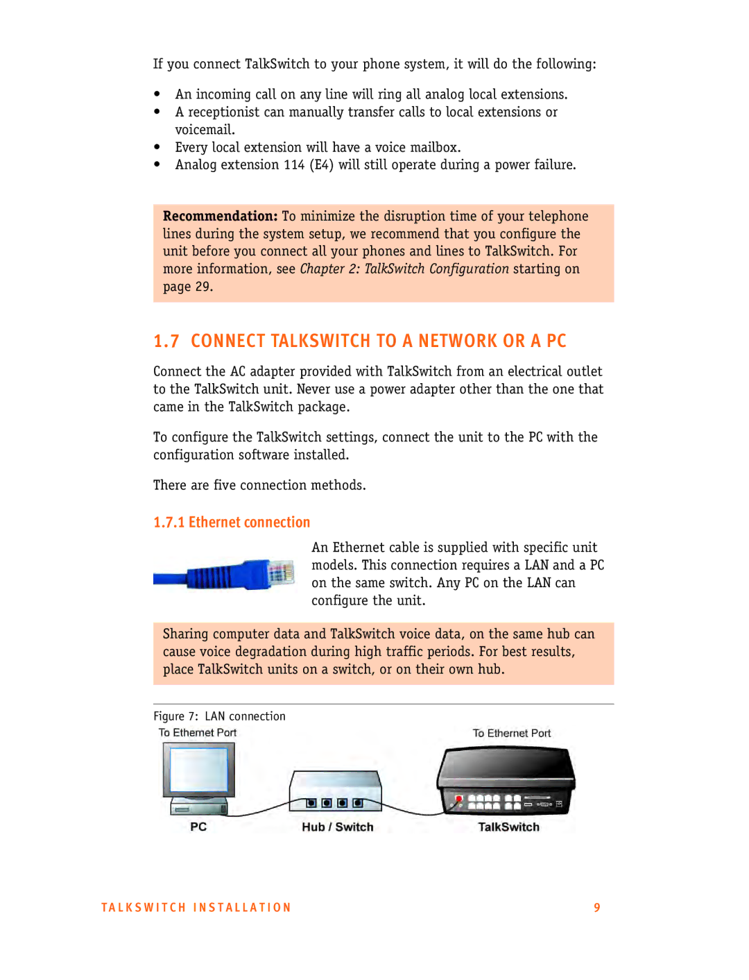 Talkswitch 48-CA/CVA, 24-CA manual Connect Talkswitch to a Network or a PC, Ethernet connection 