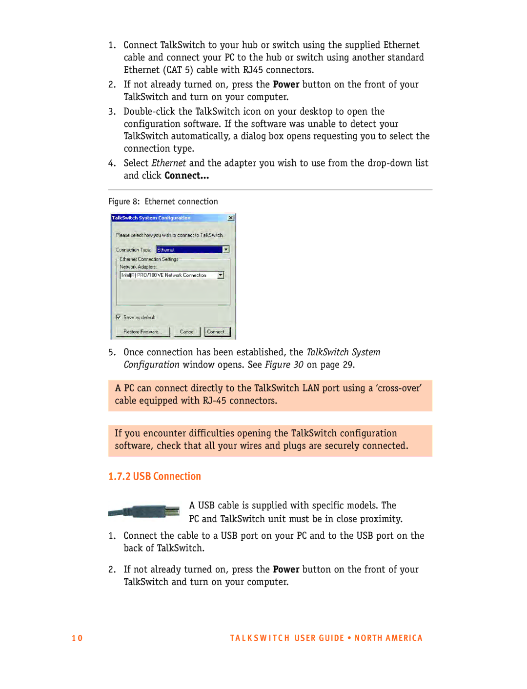 Talkswitch 24-CA, 48-CA/CVA manual USB Connection, Ethernet connection 