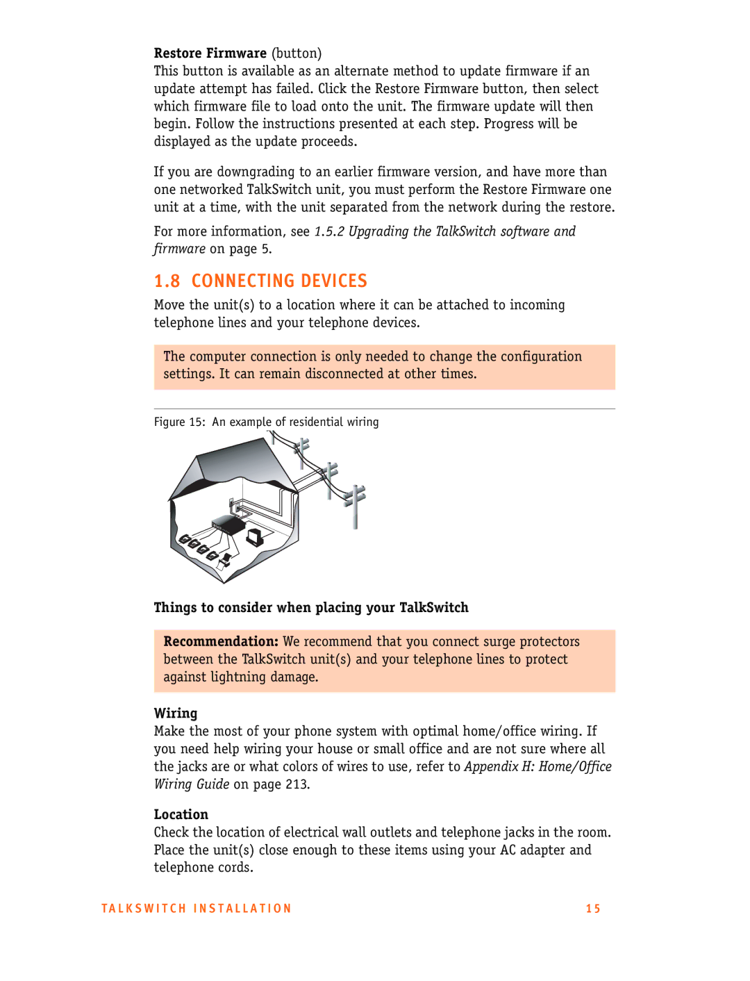 Talkswitch 48-CA/CVA Connecting Devices, Restore Firmware button, Things to consider when placing your TalkSwitch, Wiring 