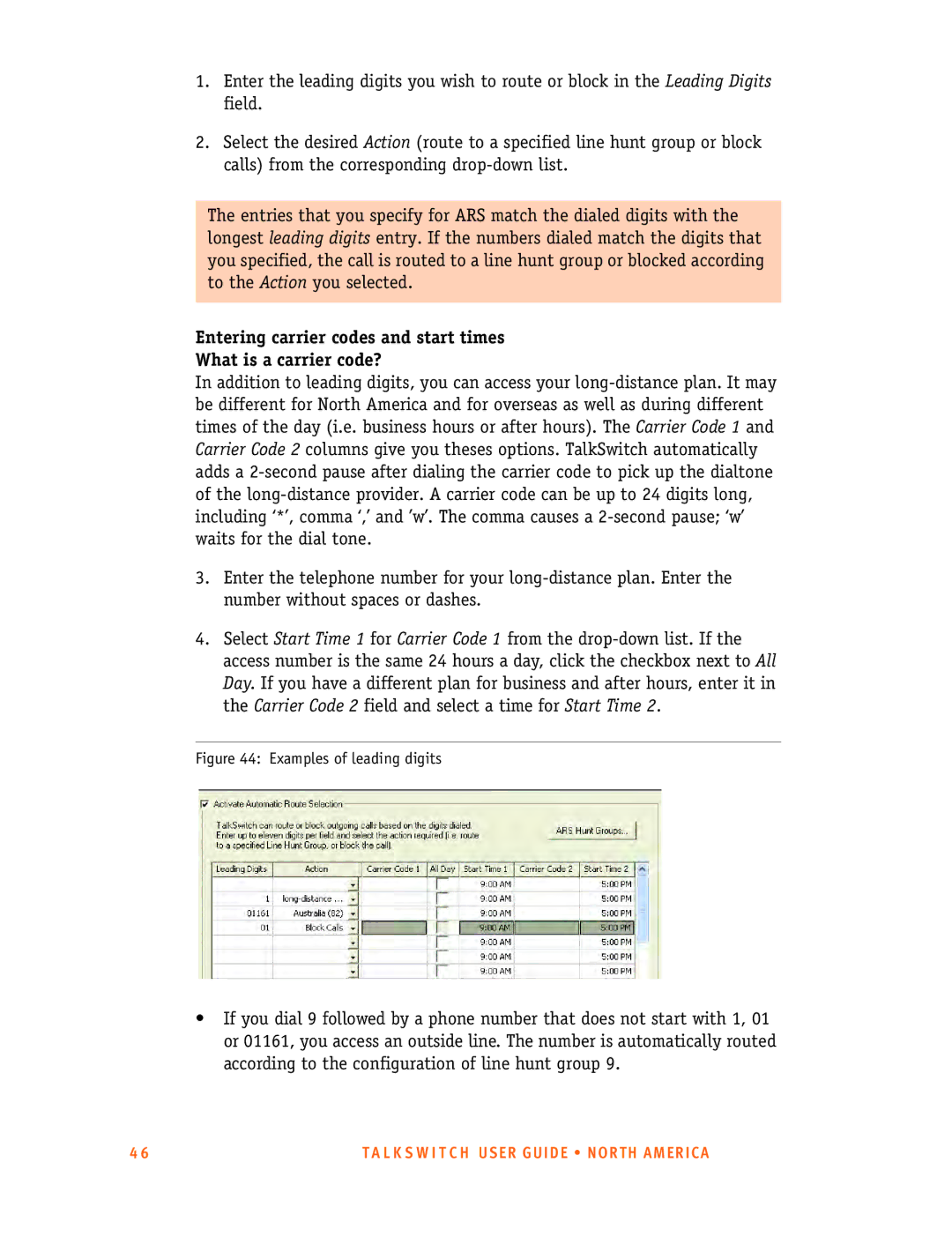 Talkswitch 24-CA, 48-CA/CVA manual Examples of leading digits 