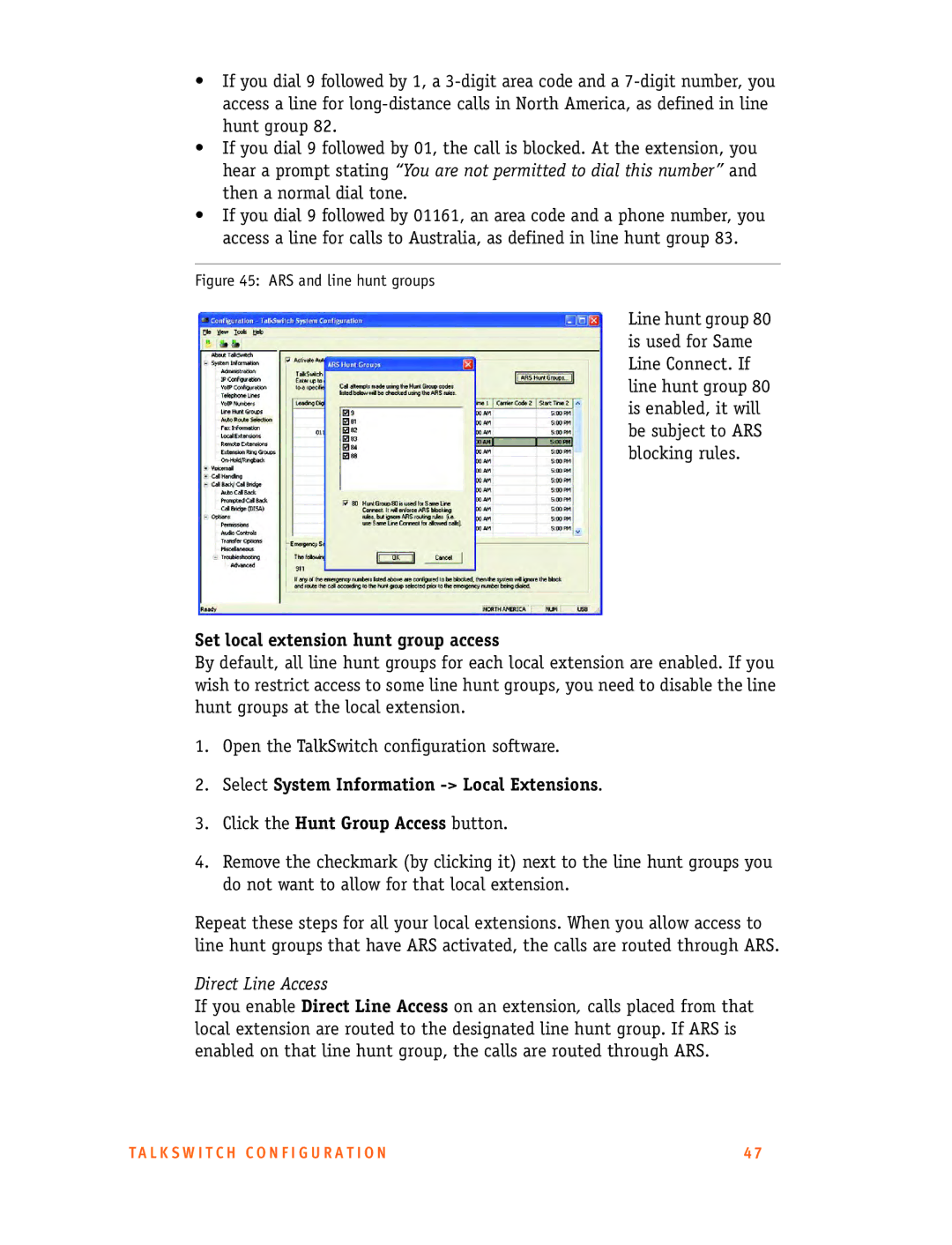 Talkswitch 48-CA/CVA, 24-CA manual Set local extension hunt group access, Direct Line Access 