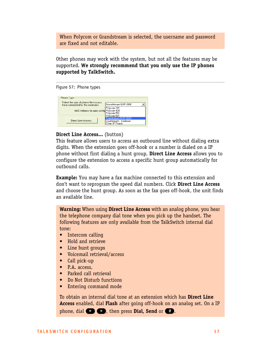 Talkswitch 48-CA/CVA, 24-CA manual Supported by TalkSwitch, Direct Line Access... button 