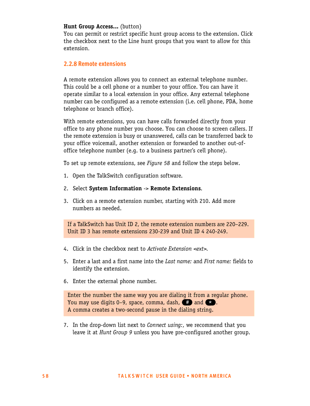 Talkswitch 24-CA, 48-CA/CVA Remote extensions, Hunt Group Access... button, Select System Information -Remote Extensions 