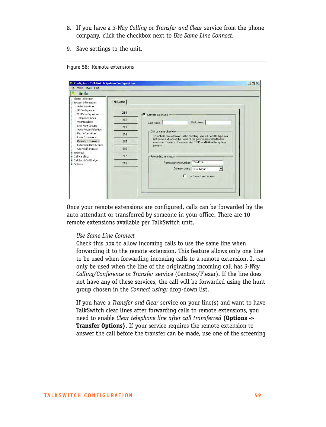 Talkswitch 48-CA/CVA, 24-CA manual Use Same Line Connect, Remote extensions 