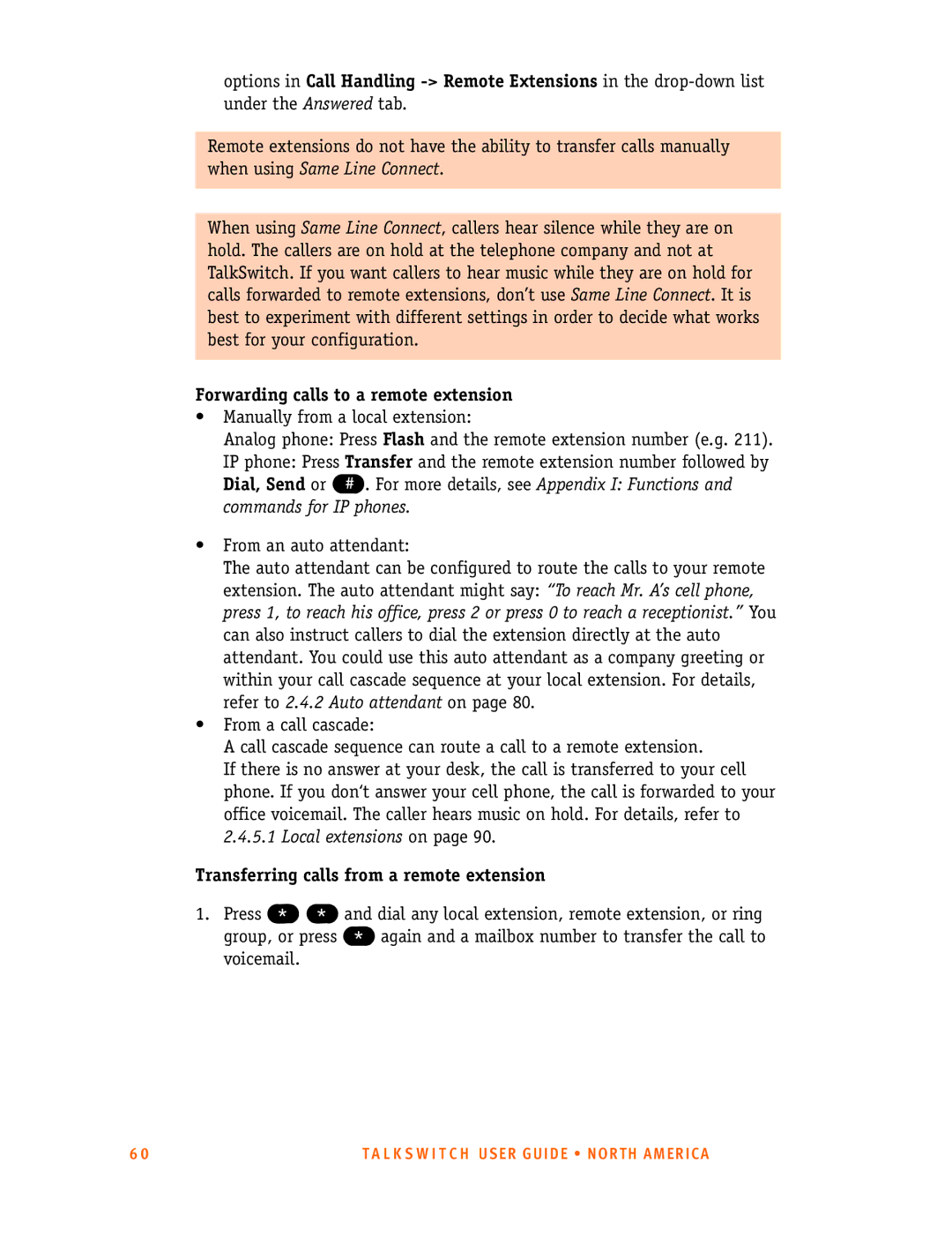 Talkswitch 24-CA, 48-CA/CVA manual Forwarding calls to a remote extension, Transferring calls from a remote extension 