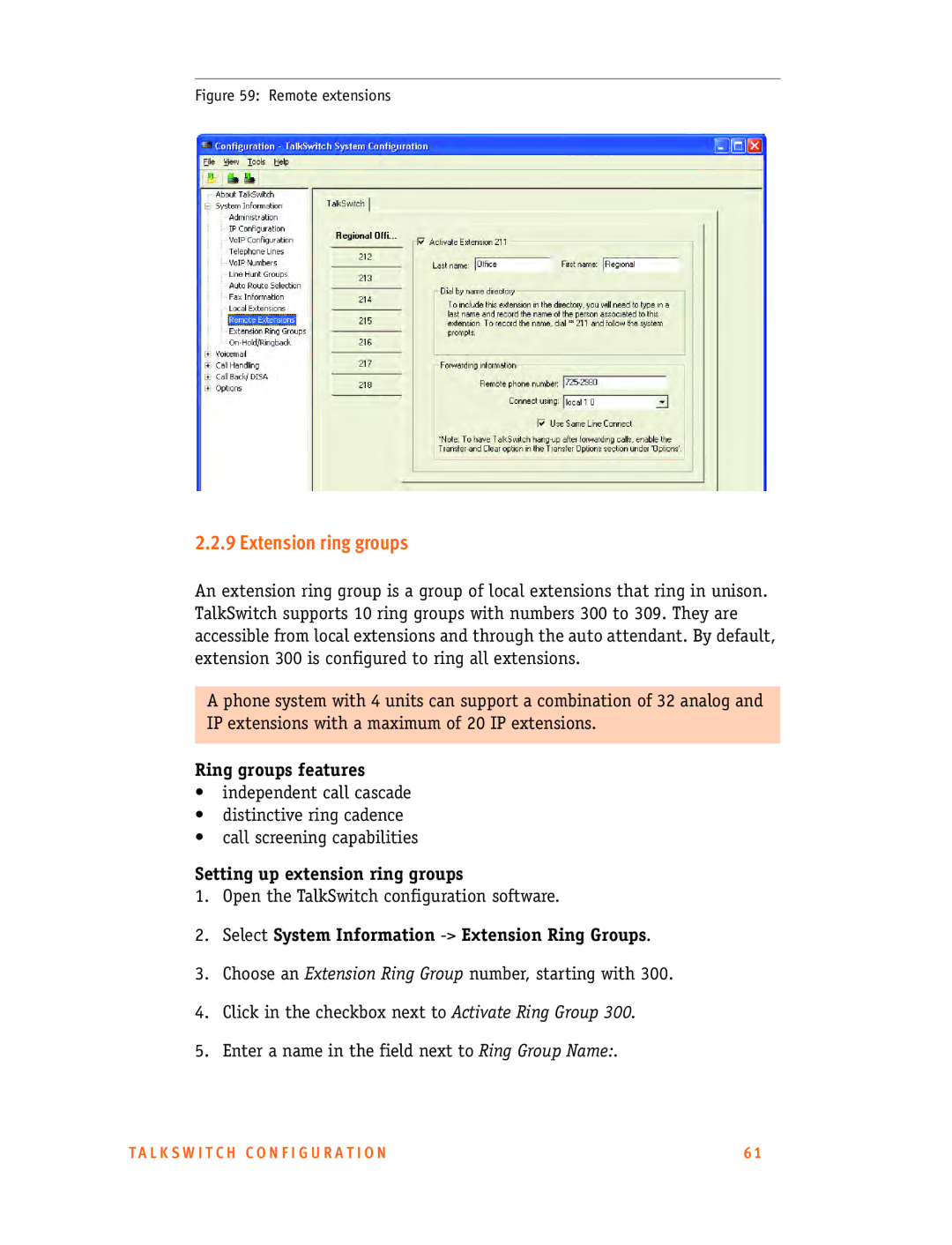 Talkswitch 48-CA/CVA, 24-CA manual Extension ring groups, Ring groups features, Setting up extension ring groups 