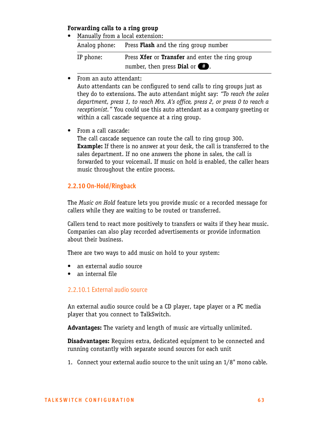 Talkswitch 48-CA/CVA, 24-CA manual On-Hold/Ringback, External audio source, Forwarding calls to a ring group 