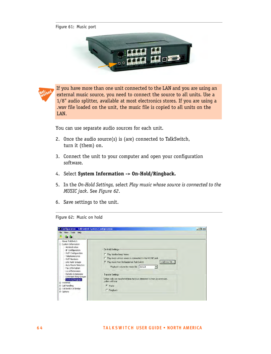 Talkswitch 24-CA, 48-CA/CVA manual Select System Information On-Hold/Ringback, Music port 