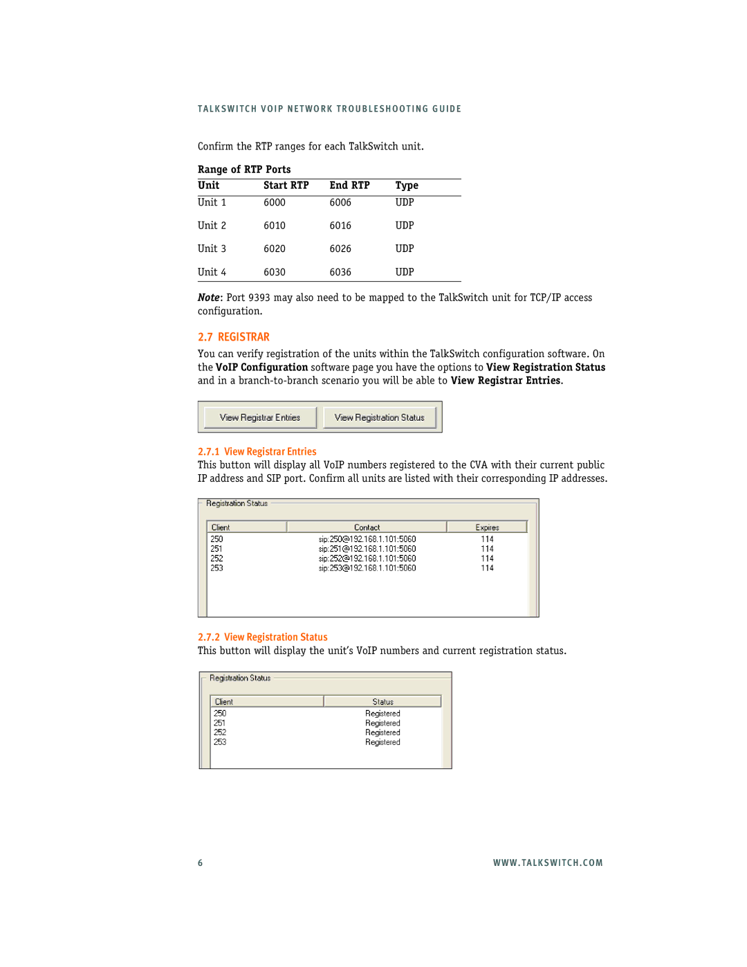 Talkswitch 3.24 manual View Registrar Entries, View Registration Status 