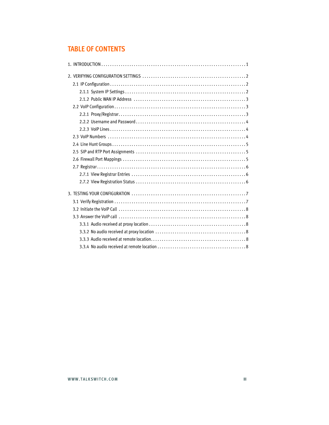 Talkswitch 3.24 manual Table of Contents 