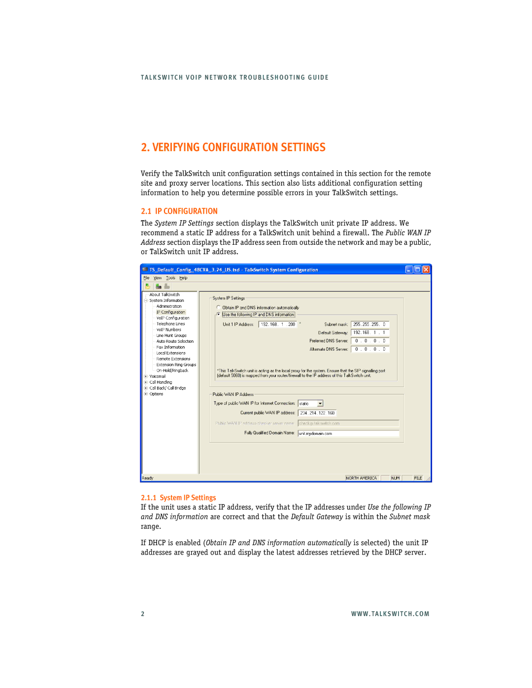 Talkswitch 3.24 manual Verifying Configuration Settings, IP Configuration, System IP Settings 