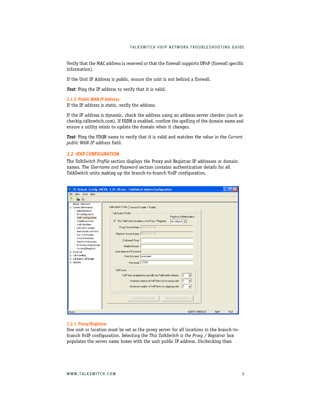 Talkswitch 3.24 manual Voip Configuration, Public WAN IP Address, Proxy/Registrar 