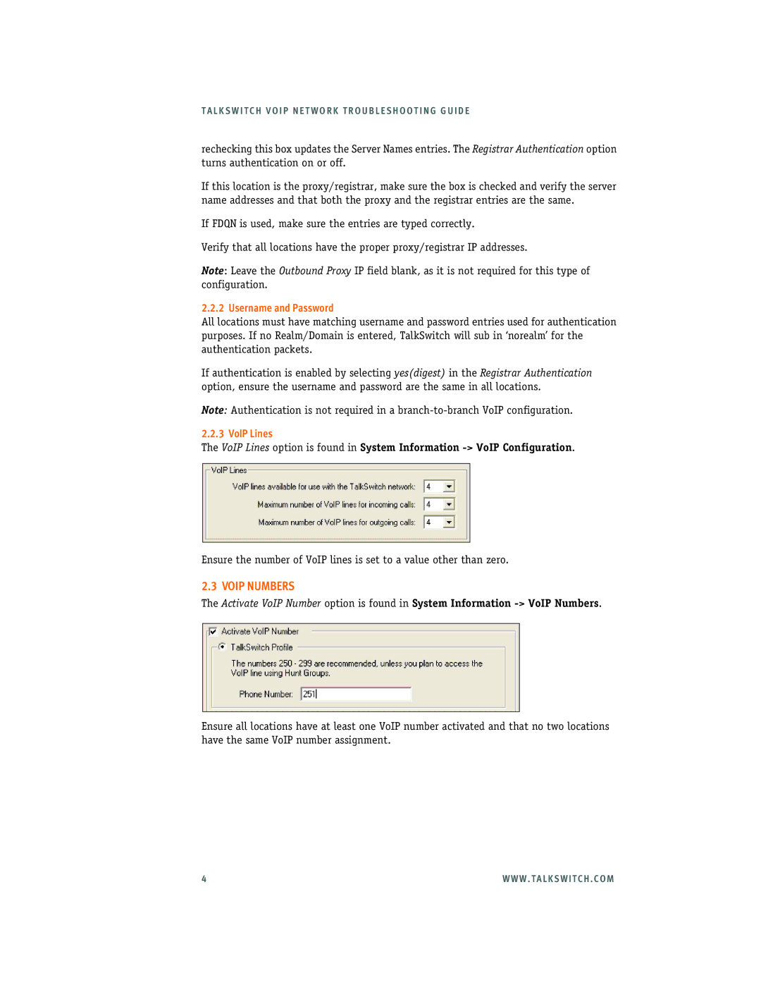 Talkswitch 3.24 manual Voip Numbers, Username and Password, VoIP Lines 
