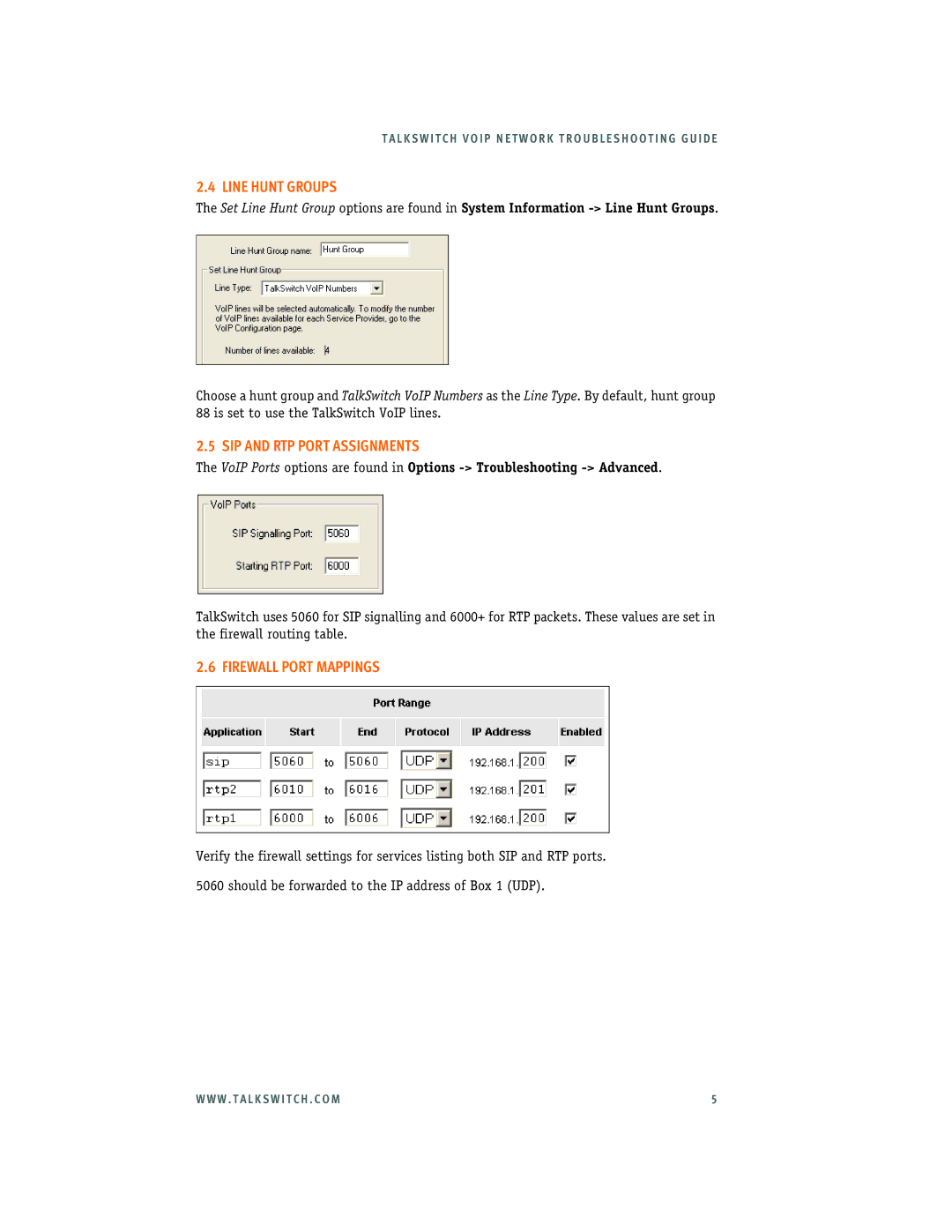 Talkswitch 3.24 manual Line Hunt Groups, SIP and RTP Port Assignments, Firewall Port Mappings 