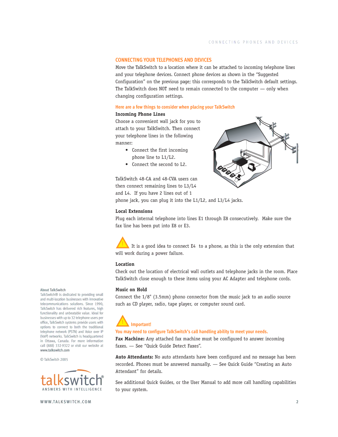 Talkswitch 48-CA Connecting Your Telephones and Devices, Incoming Phone Lines, Local Extensions, Location, Music on Hold 