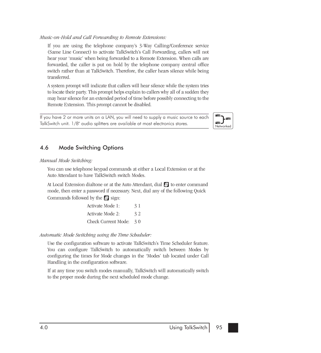 Talkswitch 48-CVA Mode Switching Options, Music-on-Hold and Call Forwarding to Remote Extensions, Manual Mode Switching 