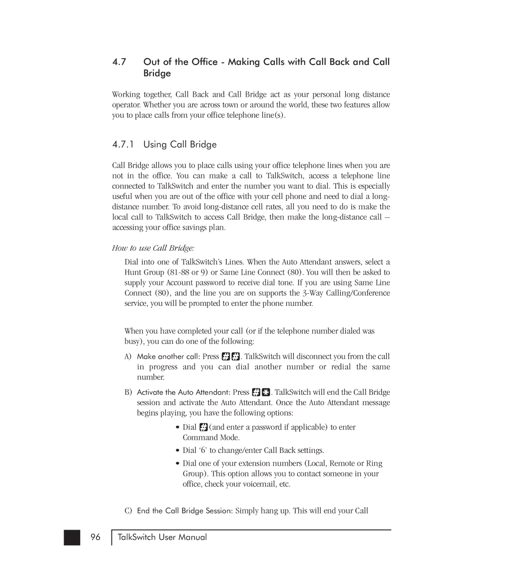 Talkswitch 48-CVA manual Using Call Bridge, How to use Call Bridge 