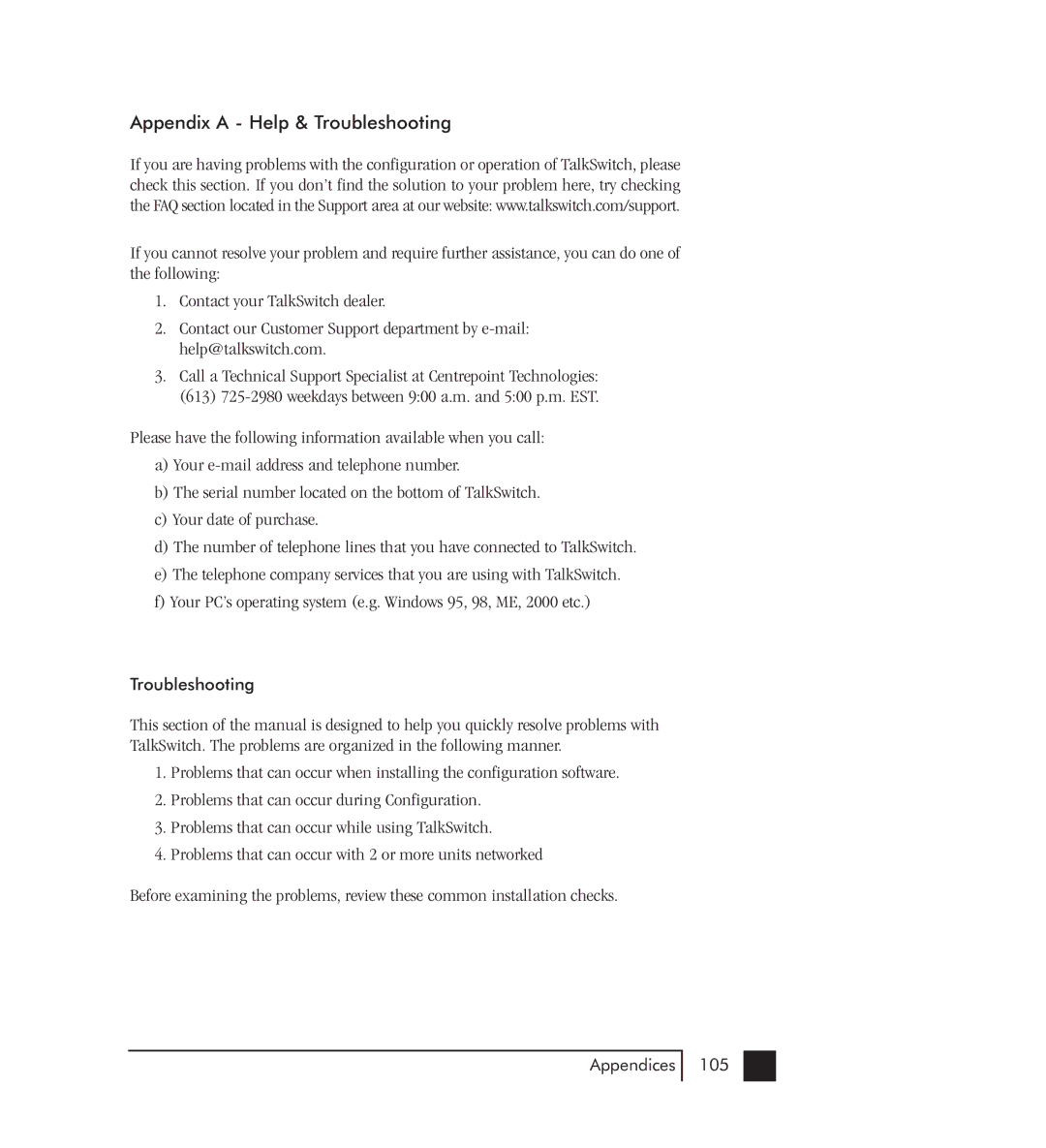 Talkswitch 48-CVA manual Appendix a Help & Troubleshooting 