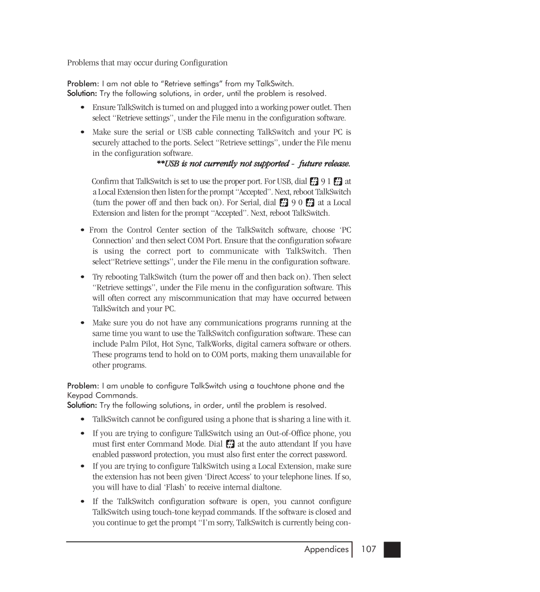 Talkswitch 48-CVA manual Problems that may occur during Configuration, USB is not currently not supported future release 