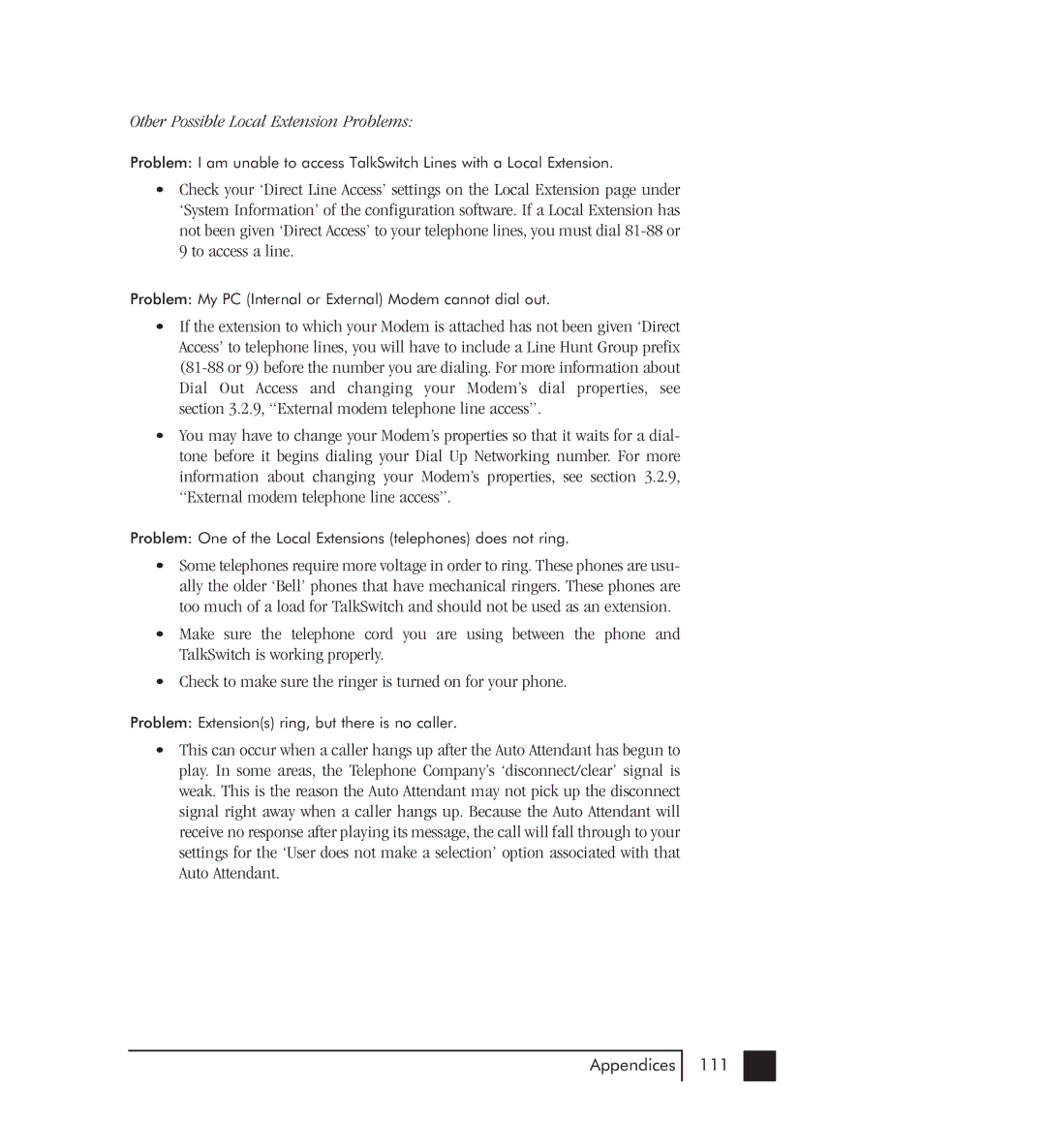 Talkswitch 48-CVA manual Other Possible Local Extension Problems 