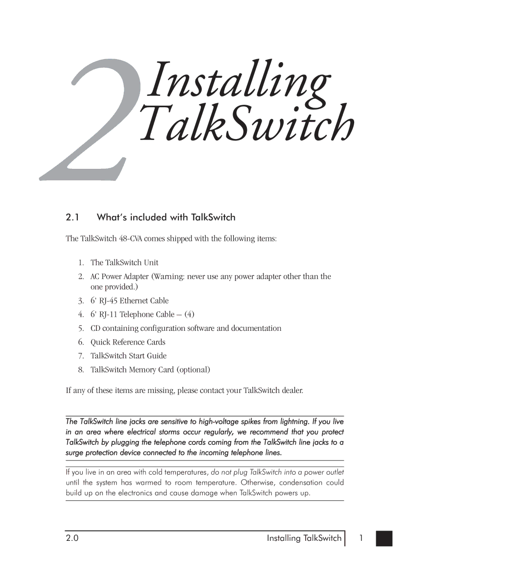 Talkswitch 48-CVA manual 2Installing TalkSwitch, What’s included with TalkSwitch 