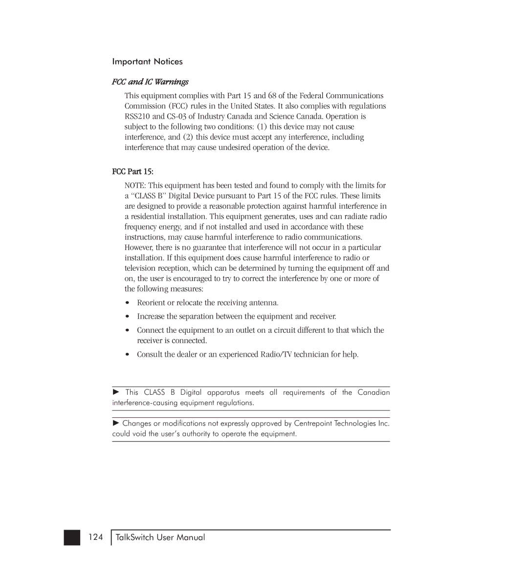 Talkswitch 48-CVA manual FCC and IC Warnings 