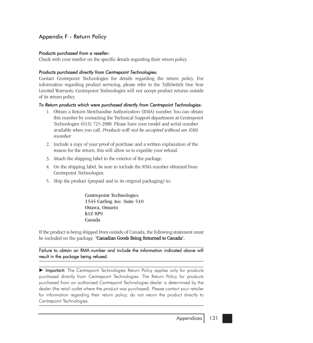 Talkswitch 48-CVA manual Appendix F Return Policy 