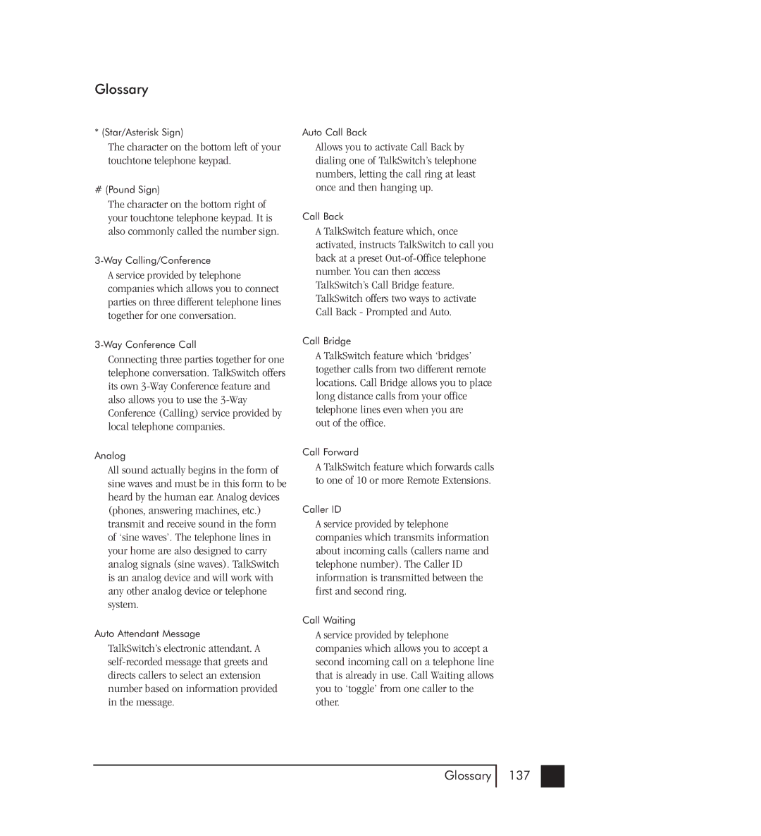 Talkswitch 48-CVA manual Glossary 137 