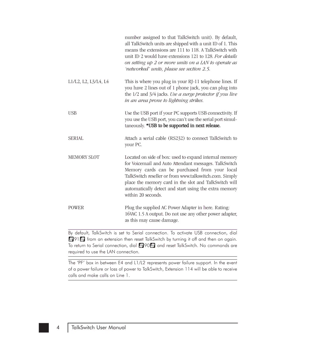 Talkswitch 48-CVA manual On setting up 2 or more units on a LAN to operate as, ‘networked’ units, please see section 