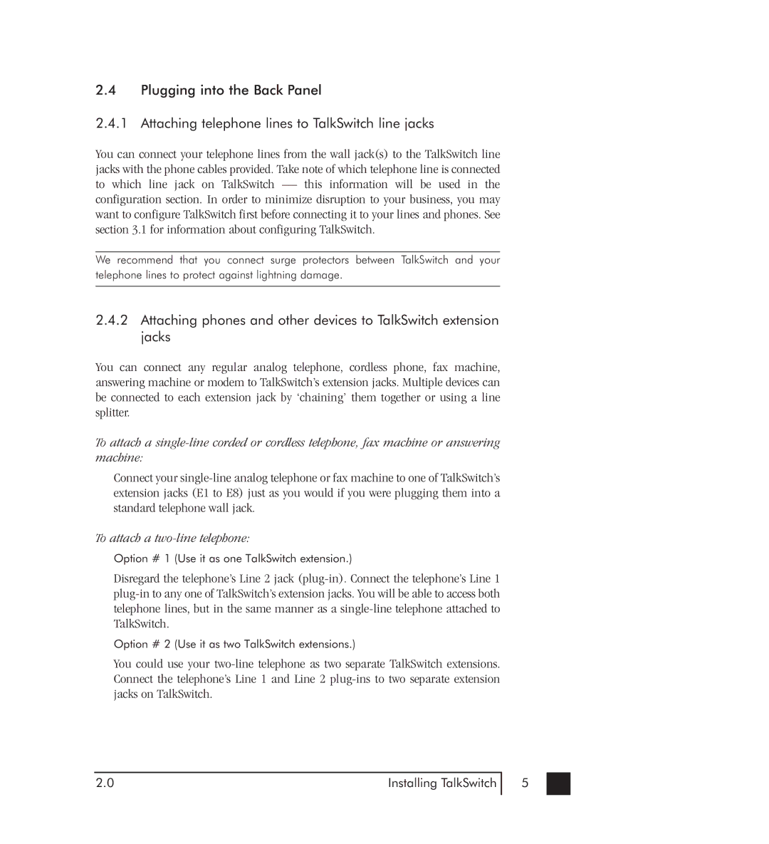 Talkswitch 48-CVA manual To attach a two-line telephone 