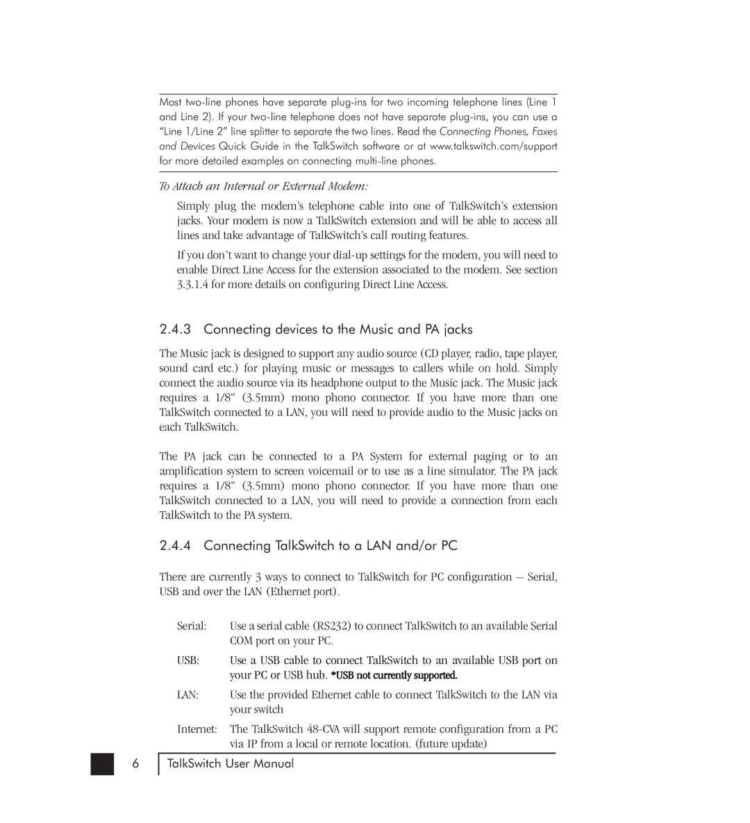 Talkswitch 48-CVA manual Connecting devices to the Music and PA jacks, Connecting TalkSwitch to a LAN and/or PC 