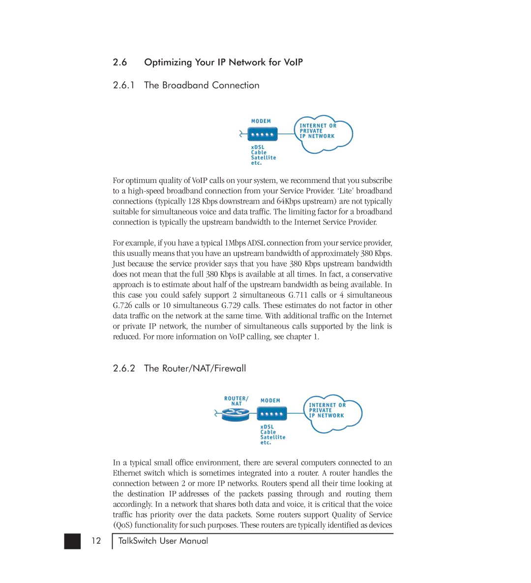 Talkswitch 48-CVA manual Optimizing Your IP Network for VoIP Broadband Connection, Router/NAT/Firewall 