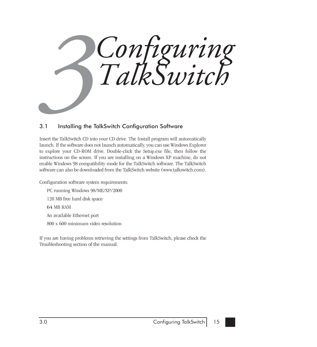 Talkswitch 48-CVA manual 3Configuring TalkSwitch, Installing the TalkSwitch Configuration Software 